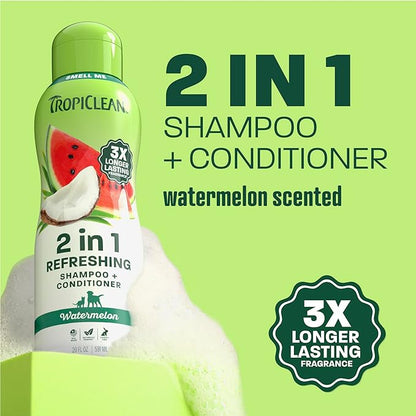 TropiClean Watermelon Refreshing 2-in-1 Cat & Dog Shampoo and Conditioner | Cat & Dog Bath Supplies | 20 oz | Made in The USA
