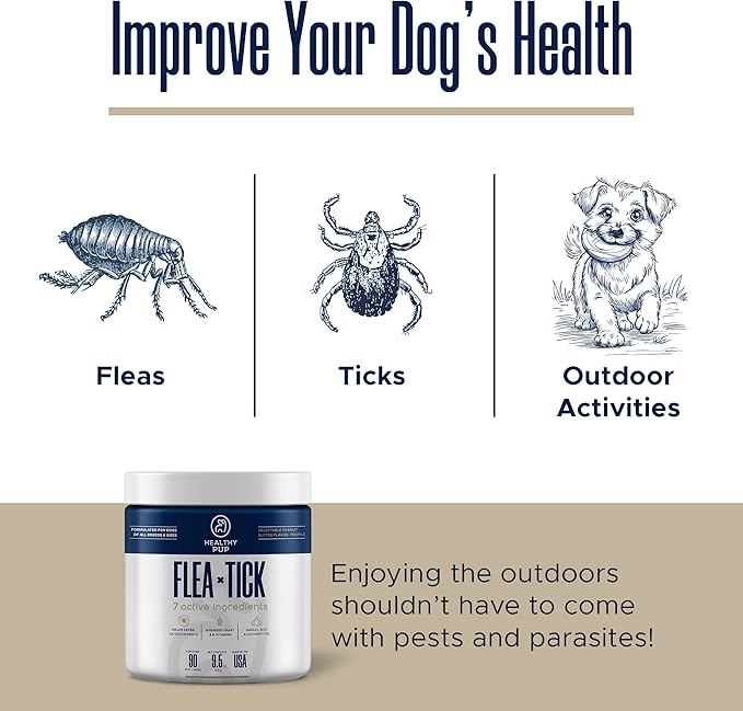 Flea and Tick Prevention for Dogs, Chewable – 90 Peanut Butter Flavored Soft Chews – Made with B Vitamins, Garlic Powder, Brewers Yeast, Coconut Oil, and Apple Cider Vinegar