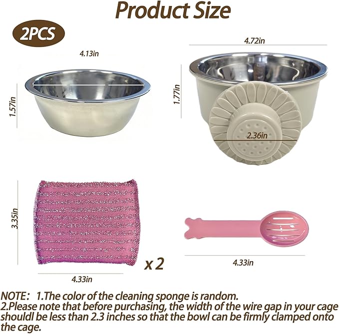 kathson Lightweight Stainless Steel Pet Bowls, Removable Crate Dog Bowl Hanging Pet Food Water Feeder Bowl, Cage Coop Cup for Puppy Cat Rabbit Ferret Birds Guinea Pigs (2pcs)