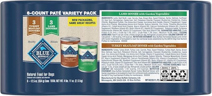 Blue Buffalo Homestyle Recipe Adult Wet Dog Food, Made with Natural Ingredients, Turkey and Lamb Dinner Variety Pack, 12.5-oz Cans (6 Count, 3 of Each)