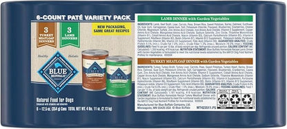 Blue Buffalo Homestyle Recipe Adult Wet Dog Food, Made with Natural Ingredients, Turkey and Lamb Dinner Variety Pack, 12.5-oz Cans (6 Count, 3 of Each)