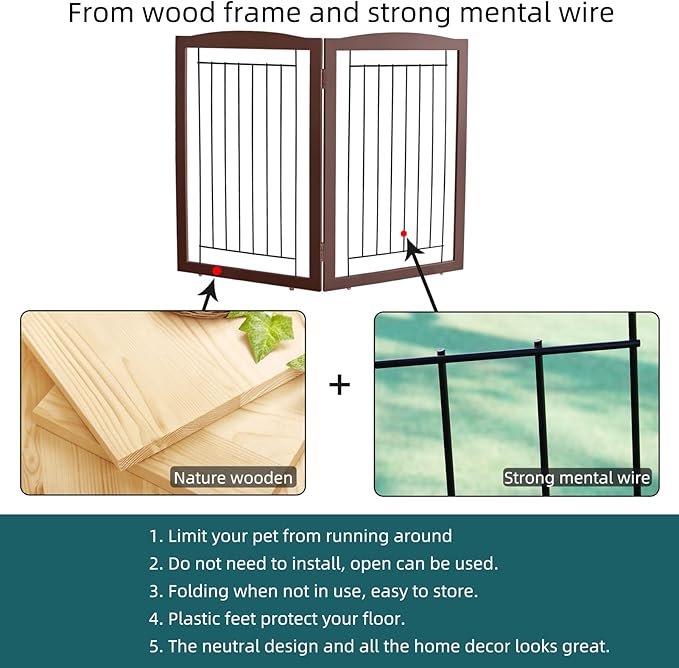 ZJSF Freestanding Foldable Dog Gate for House Extra Wide Wooden Indoor Puppy Gate Stairs Doorways Pet Gate Tall Dog Fence 2 Panels Fence Brown