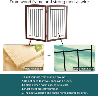 ZJSF Freestanding Foldable Dog Gate for House Extra Wide Wooden Indoor Puppy Gate Stairs Doorways Pet Gate Tall Dog Fence 2 Panels Fence Brown
