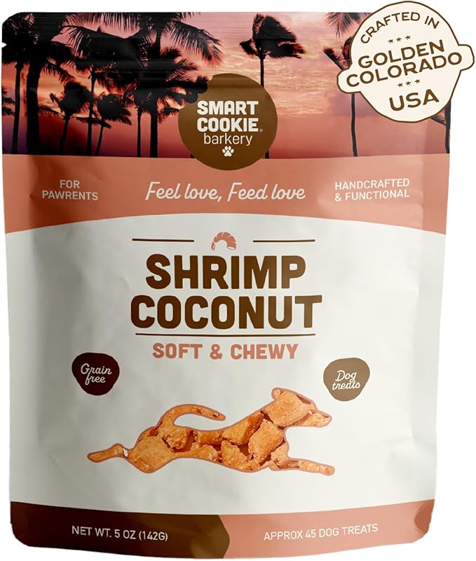 Smart Cookie All Natural Soft Dog Treats - Shrimp & Coconut - Healthy Dog Treats for Allergies, Sensitive Stomachs - Chewy, Grain Free, Human-Grade, Made in The USA - 5oz Bag, 1 Pack