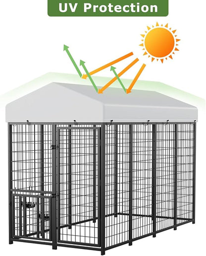 ROOMTEC Heavy Duty Outdoor Dog Kennel with Rotating Bowls, 8 x 4 x 5.6-ft