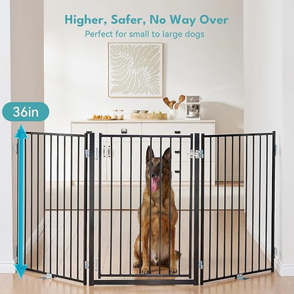 No Pawblems Free Standing Dog Gate with Door, 36'' Tall Foldable Dog Fence for Indoor & Outdoor, Up to 104 Inch Extra Wide Puppy Gate for Stairs, Hallways, Doorways, Deck, Yard (Black, 4 Panels)