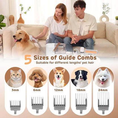HEAPETS Dog Grooming Vacuum Kit - 3L Vacuum with 7 Tools, Low Noise Electric Clipper and Brush for Pet Shedding at Home, White
