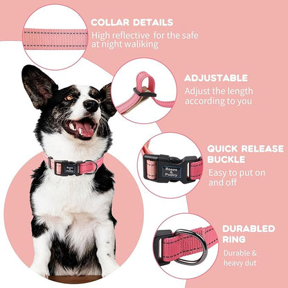 Roses&Poetry Pink Dog Leash and Collar Set, Reflective Dog Collar and Leash for Large Dogs, Adjustable Durable Matching Collars with Leashes for Large Dogs (Pink Gradient-L)