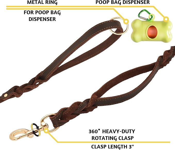ADITYNA - Double Handle Leather Dog Leash 6ft - Heavy Duty Braided Dog Leash with Traffic Handle - Lead for Training and Walking Medium Large Breeds (Brown, Two Handles 6 Foot x 5/8")