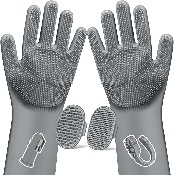 Augwind 6PCS Pet Grooming Kit for Dogs,Cats and Horses | Dog Washing Gloves | Dog Bath Brush | Dog Bath Gloves | Dog Shampoo Brush | Pet Grooming Gloves | Dog Bath Supplies (Grey)