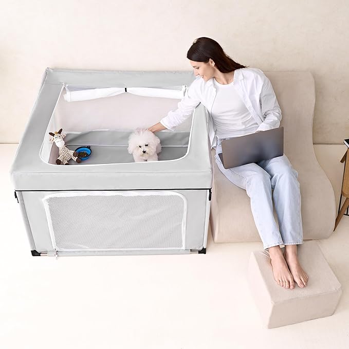 EHEYCIGA 42x42x26 Inches Puppy Playpen with Top Cover for Dogs & Cats Indoor or Outdoor - Dog Playpen with Door, Dog Fence for Small Animal with Heavy-Duty Oxford & Steel Frame, Sliver Grey