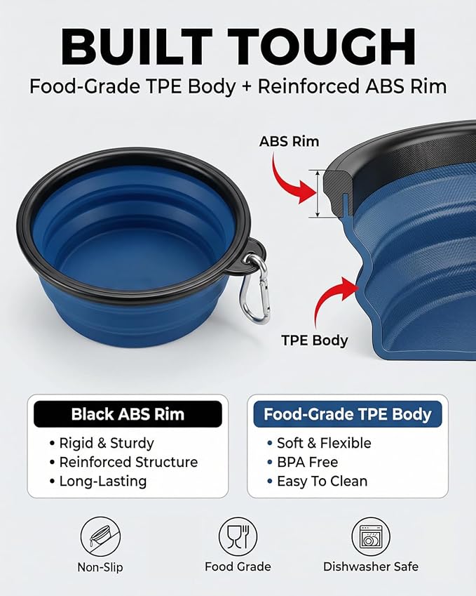 Rest-Eazzzy 2-Pack Collapsible Dog Bowls for Travel - Upgraded TPE Portable Dog Water Bowl with Reinforced Rim - Dishwasher Safe Foldable Feeding Dish for Walking, Hiking, Camping