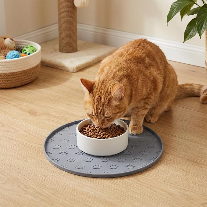 Silicone Pet Food Mat, Dog Dish Mat, Dog Cat Food Mats Small, Silicone Mats for Dogs Bowls, Waterproof Non-Slip Dogs Cat Water Bowl Placemat with Raised Edge, Gray