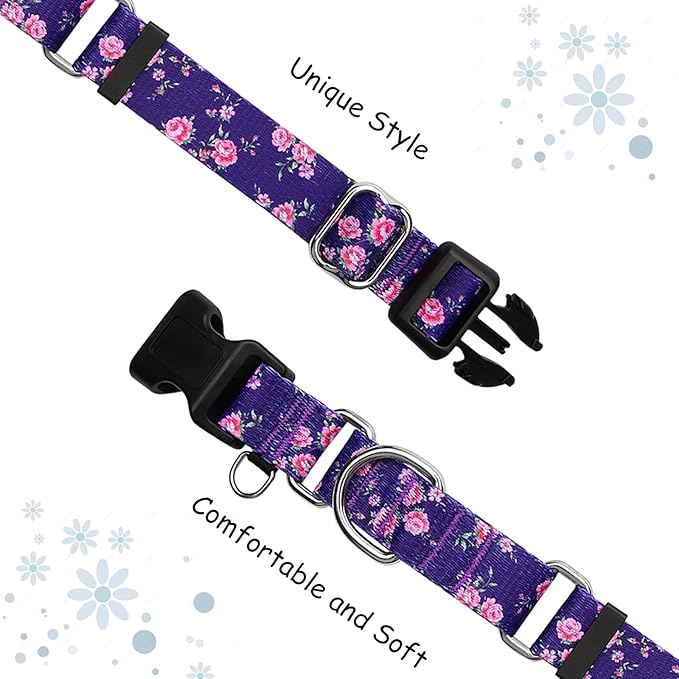 Martingale Collar for Dogs with Buckle Floral Dog Collar Girl Female Soft Nylon Dog Collars for Small Medium Large Dogs (Purple Flower, M)