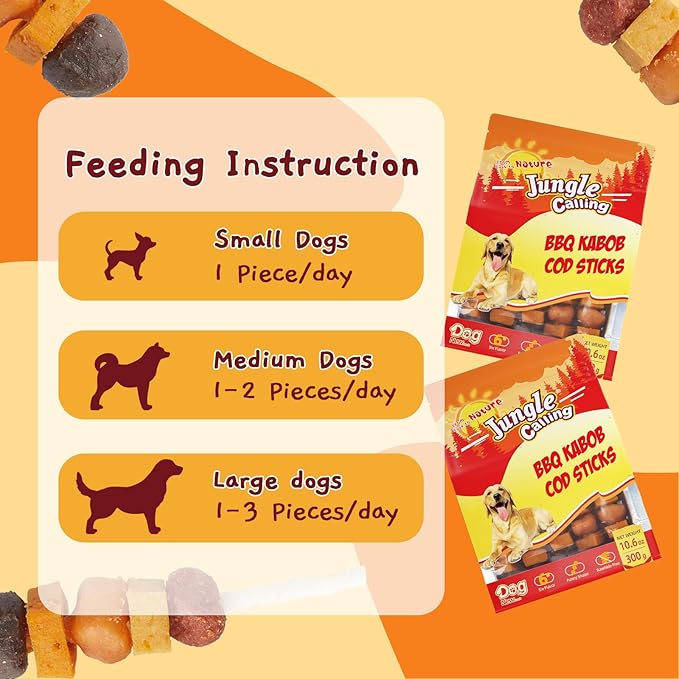 Jungle Calling Dog Treats,Dogs Kabob with Cod Stick, Rawhide-Free Chews, Made with Chicken, Duck, Beef, Sweet Potato and Pumpkin (Pack of 2)