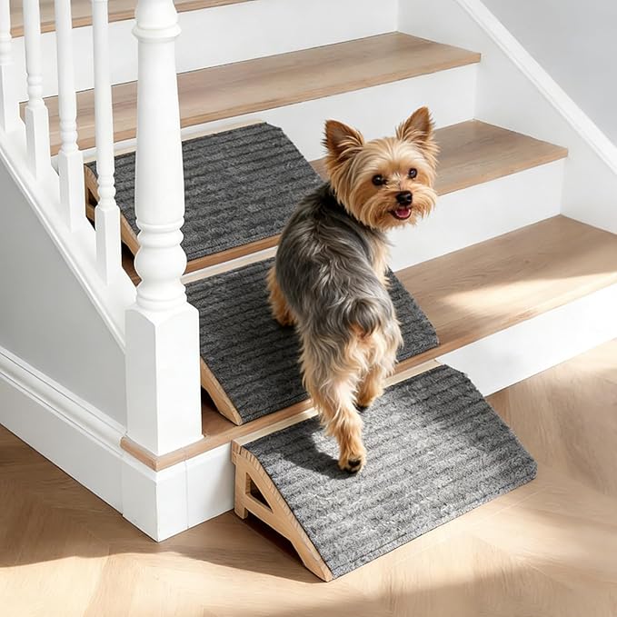 2-Pack Dog Ramp Stairs for Pets ups to 170lbs, Durable Anti-Slip Carpet Surface, Wooden Low-Angled Pet Ramp Assist for Injured & Aged Pets, Stairs Ramp for Small Dogs, No Assembly（Natural Solid Wood）