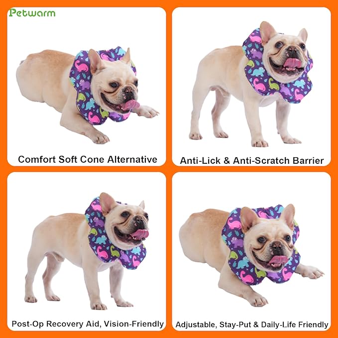 PetWarm Recovery Collar for Dogs, Dog Recovery Collar, Lightweight Pet Neck Protector with Memory Foam Padding, Gentle No-Lick Flower Design for Calm Rest and Travel, Dinosaur Print, Purple, L