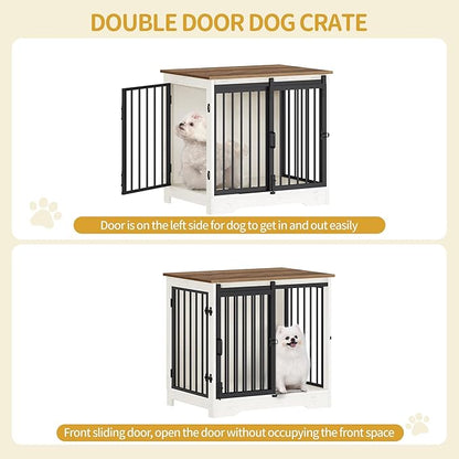 Hzuaneri 27.2" Dog Crate Furniture with Barn Door, Heavy Duty Dog Kennel Indoor with 2 Doors, Wooden Pet Cage End Table for Small Medium Dogs up to 22 lb, Anti-Chew Anti-Escape, White Brown DFC84314B