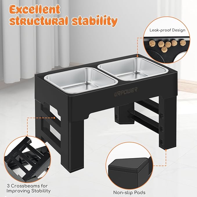 URPOWER Raised Dog Bowls 4 Height Adjustable Elevated Bowl Stand with Stainless Steel Water Bowl Non-Slip Dog Food Bowls Stand for Small Medium Large Dogs and Pets