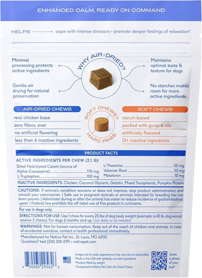Native Pet Advanced Calming Chews for Dogs Medium Breed - Anxiety Relief, Stress, Separation & Sleep Support with Melatonin for Dogs, Hydrolyzed Casein, Valerian Root & L-Tryptophan - 30 Days Supply