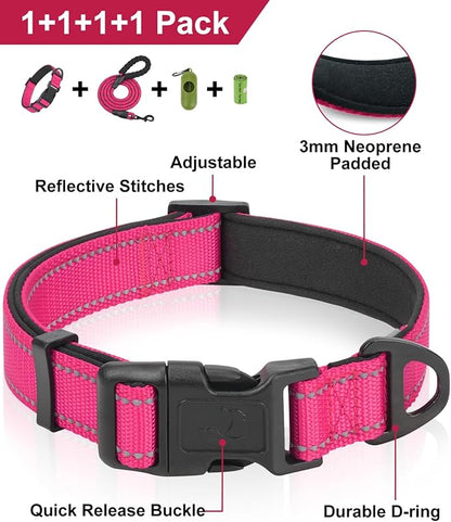 Dynmeow Reflective Dog Collar and Leash Set, 6FT Strong Climbing Rope Leash with Padded Handle, Adjustable Pet Collar with Soft Neoprene Padding for Large Dogs, Hot-Pink, L