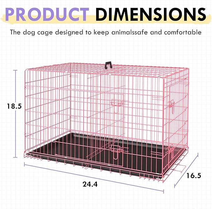 PayLessHere Small Dog Crate Kennel 24 inches Metal Dog Cage Double-Door Folding Travel Indoor Outdoor Puppy Playpen with Divider and Handle Plastic Tray,Pink