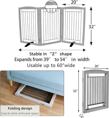 ZJSF Freestanding Dog Fence Indoor, Foldable Dog Gate for Doorways, Stairs or Hallways, Sturdy Wood Extra Wide Pet Gate with Support Feet for The House, Grey, 32 "Height-3 Panels