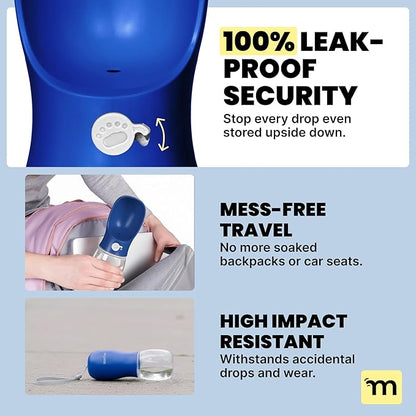 MalsiPree Dog Water Bottle - 19 oz, Navy Blue - One-Hand Leak-Proof Hydration & Pet Water Dispenser - Built-in Travel Bowl & Travel Pet Bowl - BPA-Free for Dog Camping