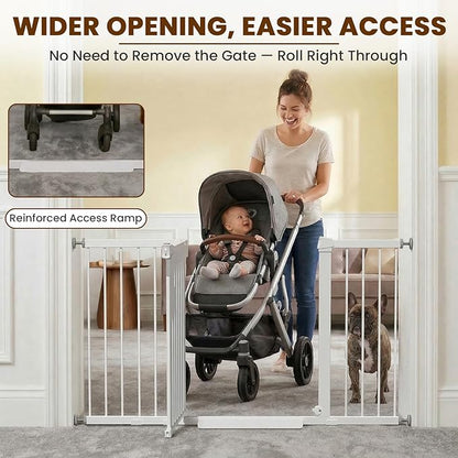 Mumeasy 29.7-57" Extra Wide Baby Gate for Doorways, Auto Close Dog Gate Indoor for Stairs, No-Drill Pressure Mounted Pet Gate with Door, Easy Walk Thru Long&Large Safety Gate for House, Outdoor, White