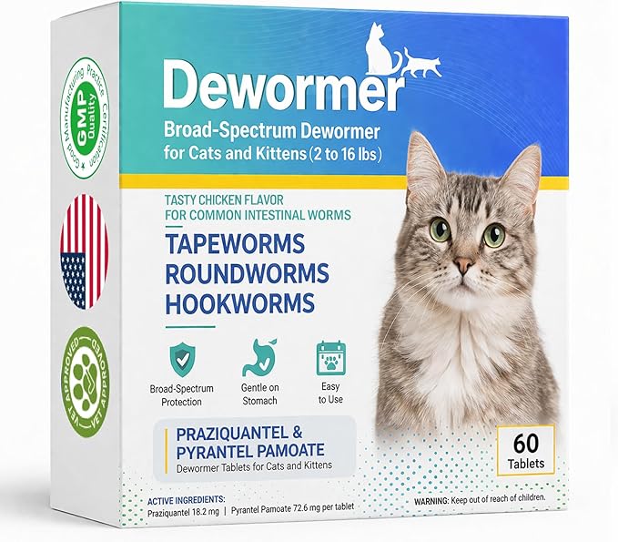 Broad-Spectrum Dewormer for Cats and Kittens,Cat Dewormer for All wormers(Praziquantel, Pyrantel Pamoate) for Hookworms, Tapeworms & Roundworms, 60 Tablets