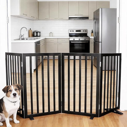 Dog Gate Indoor, Freestanding Dog Fence for The House, Doorways, Hallways,or Stairs,Pet Gate Foldable Wooden,Expandable 32" Height 4 Panels,Black