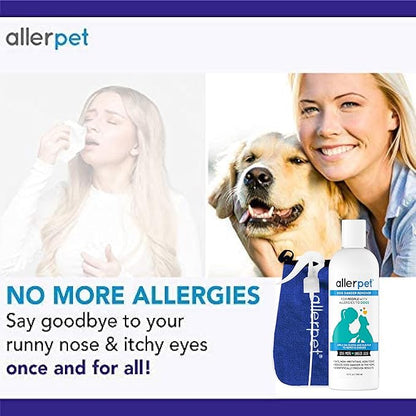 Allerpet Dog Dander Remover w/Free Applicator Mitt & Sprayer - Best Pet Dander Remover for Allergens - for Canine Dry Skin Treatment - Good for Fur & Skin - (12oz)