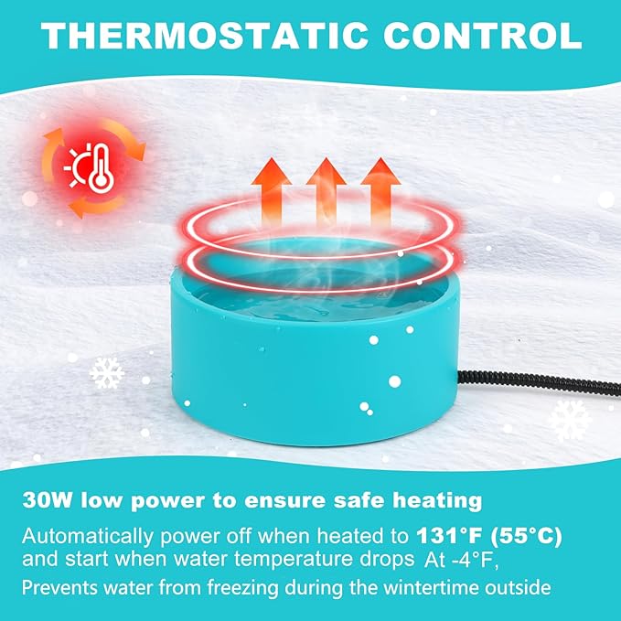 Large Heated Water Bowl for Dog & Cat, Waterproof Heated Pet Bowl Heater for Chickens Rabbit Livestocks, Heated Bird Bath for Winter, 108 OZ 30 Watts
