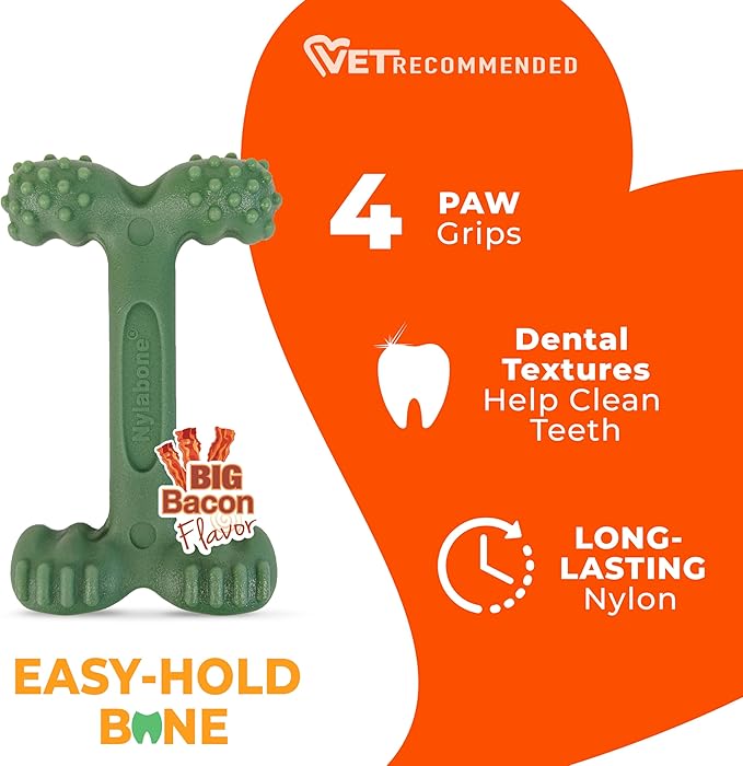 Nylabone Easy-Hold Dental Bone Power Chew Toy for Dogs, Dog Toys for Aggressive Chewers, Bacon Flavor, Large - Up to 50 lbs, 1 Count