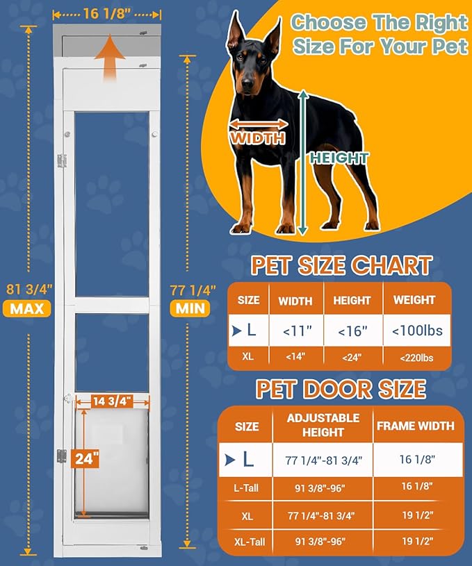 Large Dog Door for Sliding Glass Door - Left Amout from Inside, Adjustable Height: 77.38-81.75 in, Flap Size: 11”(W) x 16”(H)