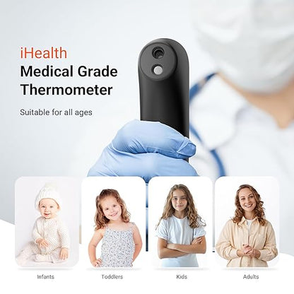 iHealth No-Touch Digital Forehead Thermometer for Adults, Babies, Kids, 3 Ultra-Sensitive Sensors, Quiet Vibration Feedback, Large LED Digits, Easy to Use for Home, PT3 Black