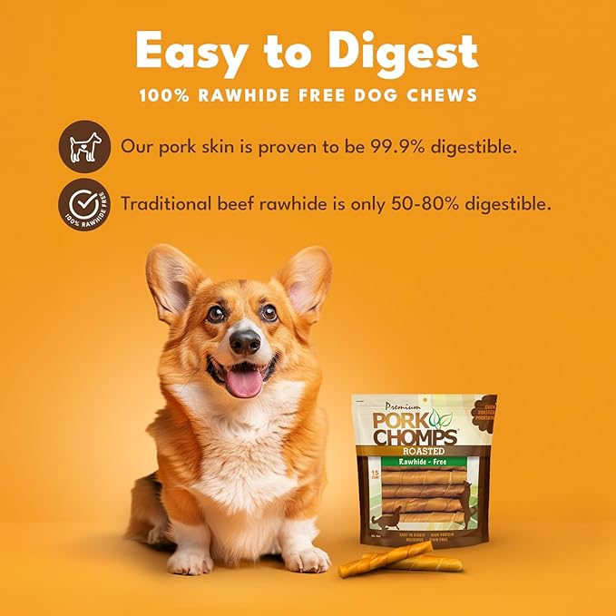 Pork Chomps Dog Chews, Roasted Pork Skin, 6-inch Twists | 15 Count | Pack of 2