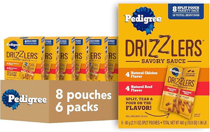 Pedigree Drizzlers for Dogs, Wet Dog Food Gravy Savory Sauce Multipack, 60g Dual-Serving Pouch, 8 Count, Pack of 6 (48 Pouches, 96 Servings Total)
