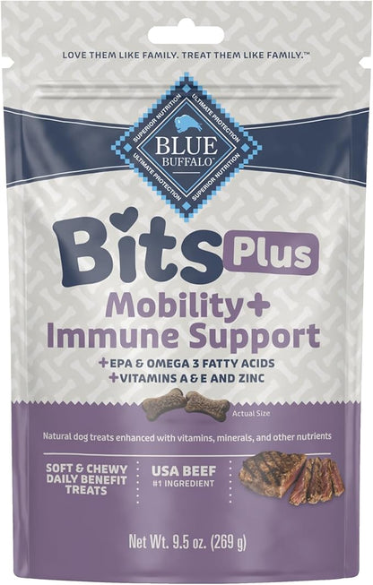 Blue Buffalo Blue Bits Plus Mobility and Immune Support Daily Benefit Dog Treats, Soft & Chewy Beef Morsels, 9.5-oz. Bag