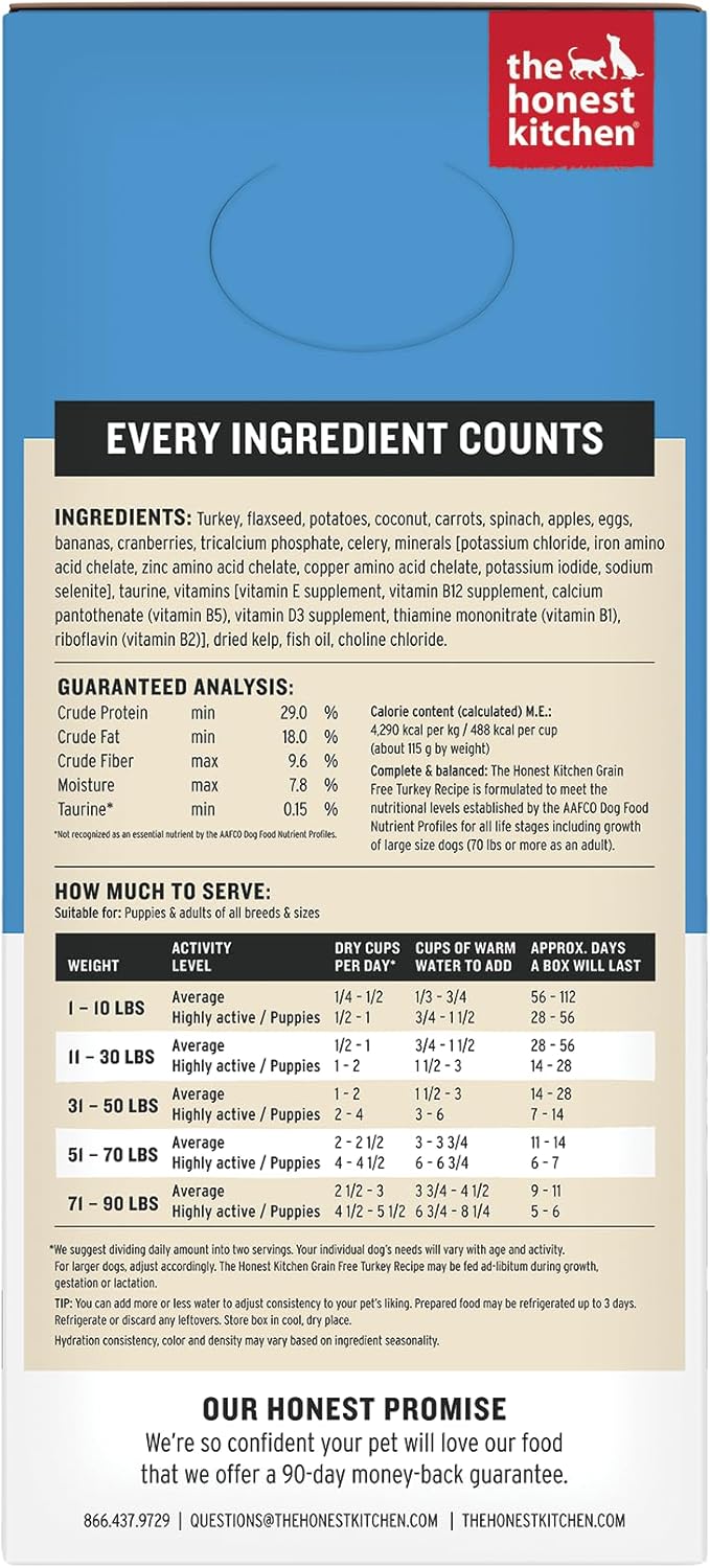 The Honest Kitchen Human Grade Wholemade™ Dehydrated Dog Food, Grain Free Dog Food, Turkey, 7 lb (makes 28lbs)