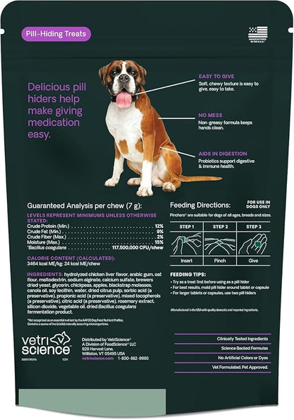 VetriScience Extra Large Pinchers Pill Hiders Chews, Non-Greasy with Probiotics for Dogs, Disguise Capsules and Tablets, Soft and Chewy, Gut and Immune Health, Chicken, 45 Count