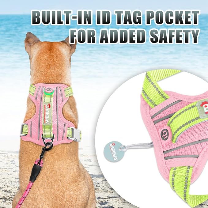 BARKBAY No Pull Dog Harness Large Reflective Dog Harness with Front Clip and Easy Control Handle for Walking Training Running with ID tag Pocket(Baby Pink & Sunlight,M)