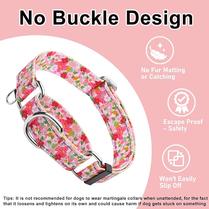 Reflective Martingale Collar for Dogs Nylon Training Collar with No Buckle Cute Floral No Pull Dog Collar for Large Dogs（Pink Flower，L）