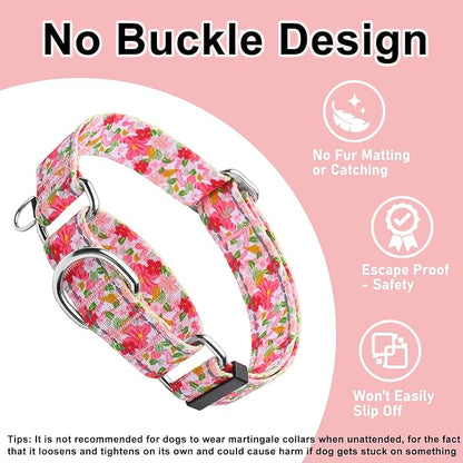 Reflective Martingale Collar for Dogs Nylon Training Collar with No Buckle Cute Floral No Pull Dog Collar for Large Dogs（Pink Flower，L）