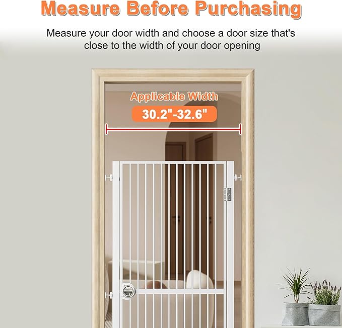 61" Extra Tall Cat Gate for Doorway, 30.2"-32.6" Adjustable Wide Dog Door with Cat Door, 1.37" Gap for Pet Gates, Suitable for Doorways or Kitchen, No Drilling Pressure Mount Kit, White