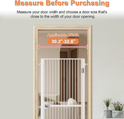 61" Extra Tall Cat Gate for Doorway, 30.2"-32.6" Adjustable Wide Dog Door with Cat Door, 1.37" Gap for Pet Gates, Suitable for Doorways or Kitchen, No Drilling Pressure Mount Kit, White