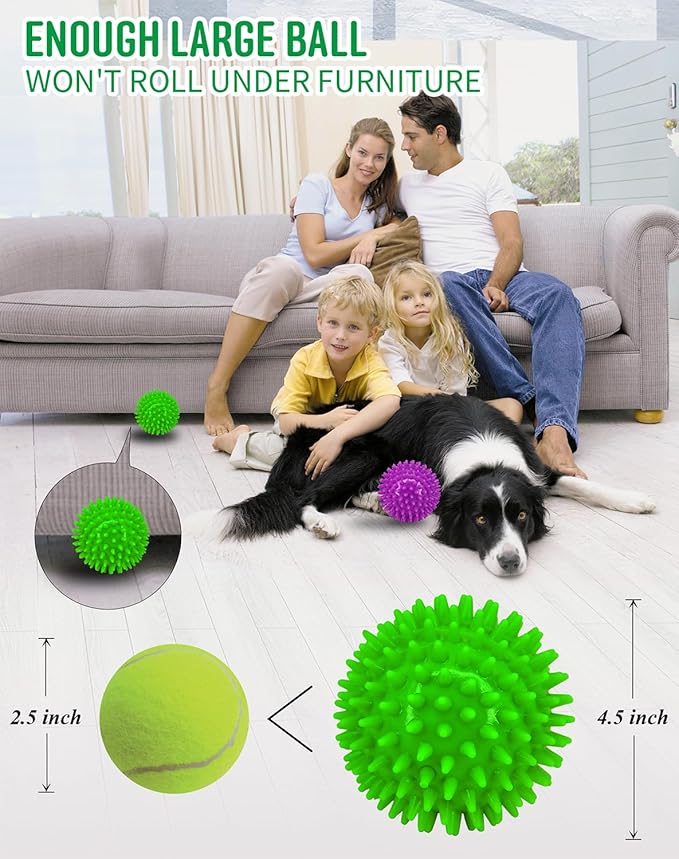 Pweituoet 4.5” Heavy Duty Squeaky Dog Balls for Medium Large Dogs, Dog Toys for Aggressive Chewers, Spike Ball Toys for Clean Teeth and Training(2 Pack) (4.5" Purple and Green)
