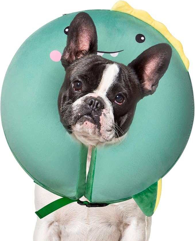 Dog Cone Inflatable Widen Dog Neck Donut Collar, Soft Cone Alternative After Surgery for Large Medium Small Dogs to Stop Licking, Dinosaur, Medium
