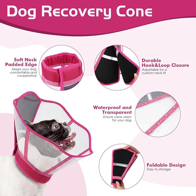 Clear Dog Cone, Elizabethan Collar for Dogs to Stop Licking, Plastic Pet E-Collar Alternative After Surgery, Adjustable Dog Recovery Cone for Wound Healing