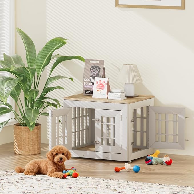 Snuowu 26" Heavy Duty Dog Crate Furniture for Small,Medium and Large Dogs,Rustic Wooden Dog Cage Kennel Indoor Furniture with Waterproof Top,Decorative Pet House Side End Table (White & Wood)